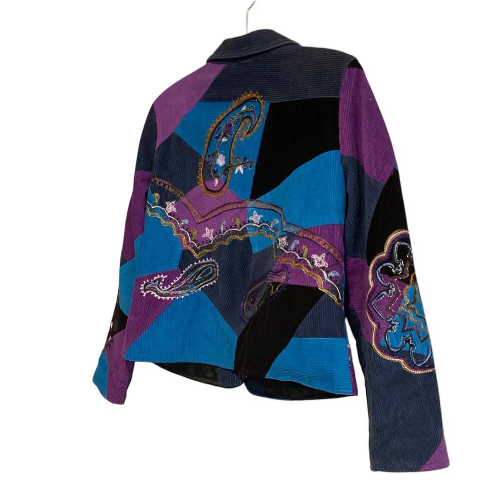 Vintage Y2K Julia Kim Blue Purple Corduroy Paisley Patchwork Blazer Size Medium - Picture 4 of 16